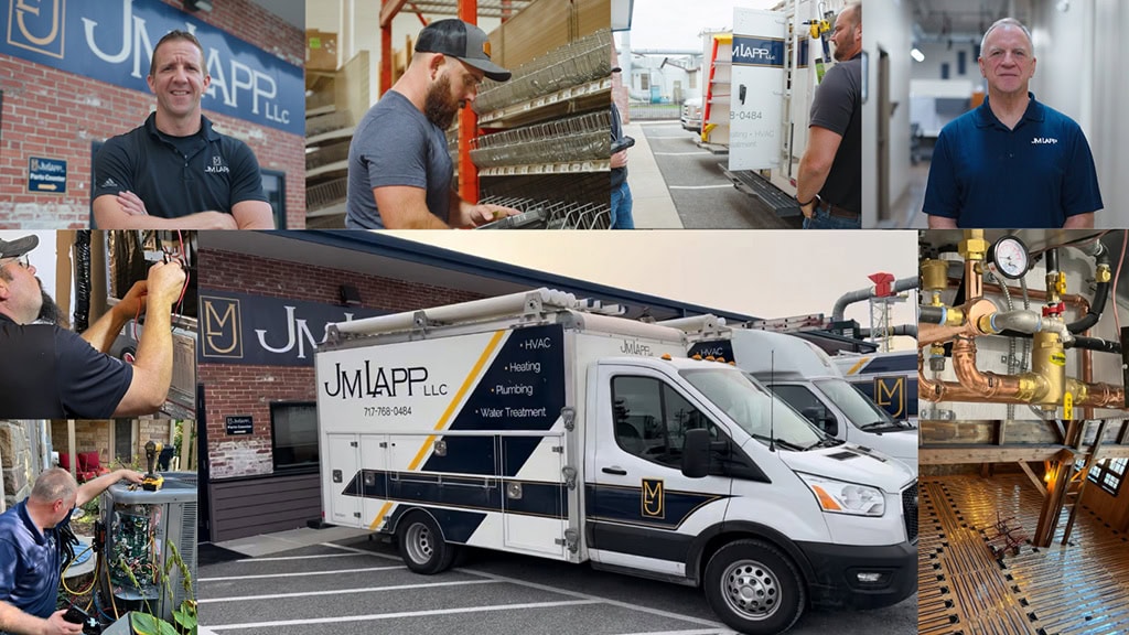 A collage of photos of JM Lapp providing HVAC & plumbing services in New Holland, PA and the surrounding areas.