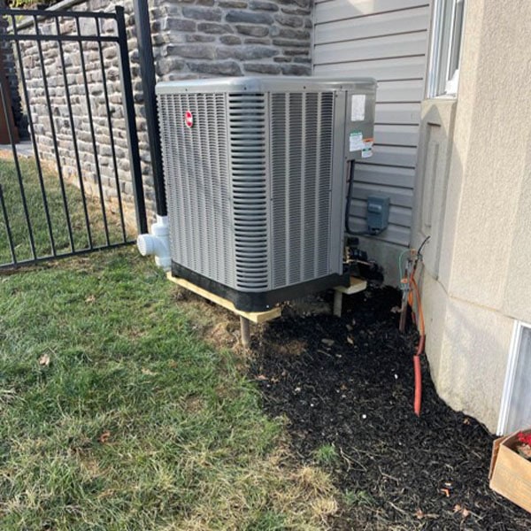 A new Rheem heat pump installed by JM Lapp providing HVAC and plumbing services to New Holland, PA and the surrounding areas.